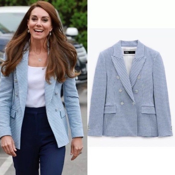 Zara Double-Breasted Blazer‎ Jacket in Blue Check Plaid Princess Kate Sz XS - Picture 15 of 16